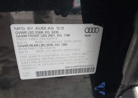 2013 Audi Q5 2.0T Premium z USA, uszkodzony, nr VIN WA1LFAFP0DA049408
